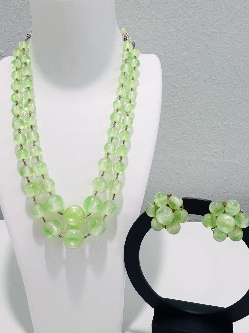 Vintage Japan Double Strand Green Beaded Necklace & Earrings MCM Lucite Plastic?